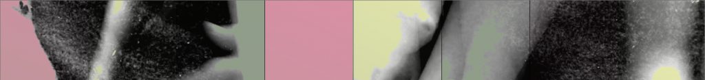 Square grid of pink, teal hues, and yellow overlaying black and white abstraction of hands